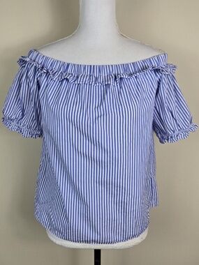 Vineyard Vines Off Shoulder Top Sz.Lg. Blue White Stripe Puffy Short Sleeve-NWOT
